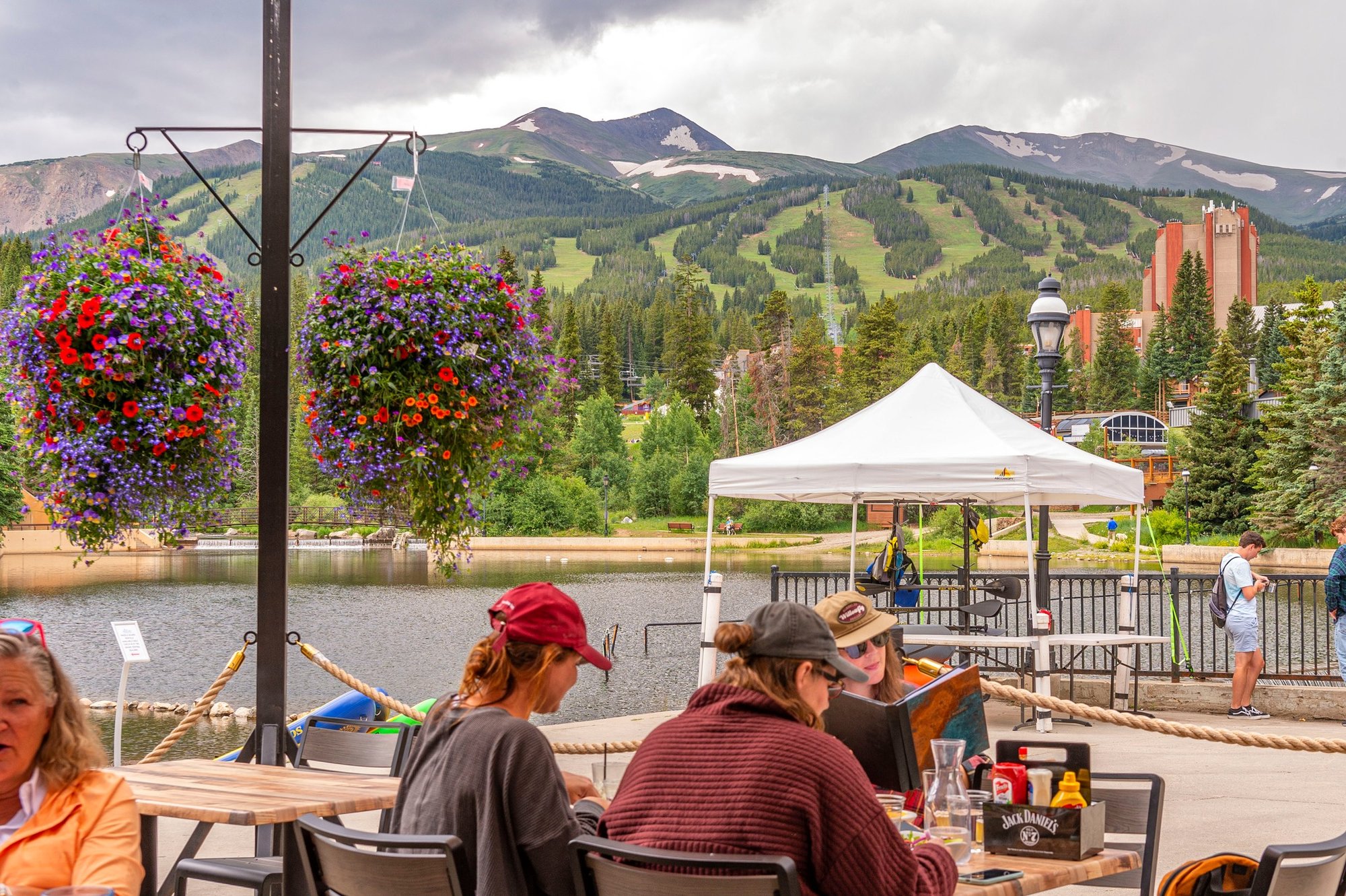 The patio at Quandary Tequila Bistro with Maggie Pond in the background in Breckenridge, Colorado
